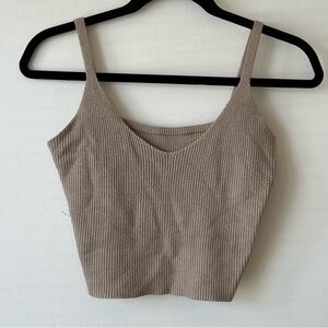 Beige/Tan V-Neck Knit Cropped Sweater Tank Top - Small